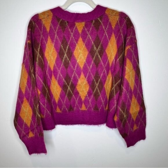 Daydreamer fuchsia Sunset Argyle Plaid Cropped Cardigan Sweater, Size Small NWT - Picture 10 of 10
